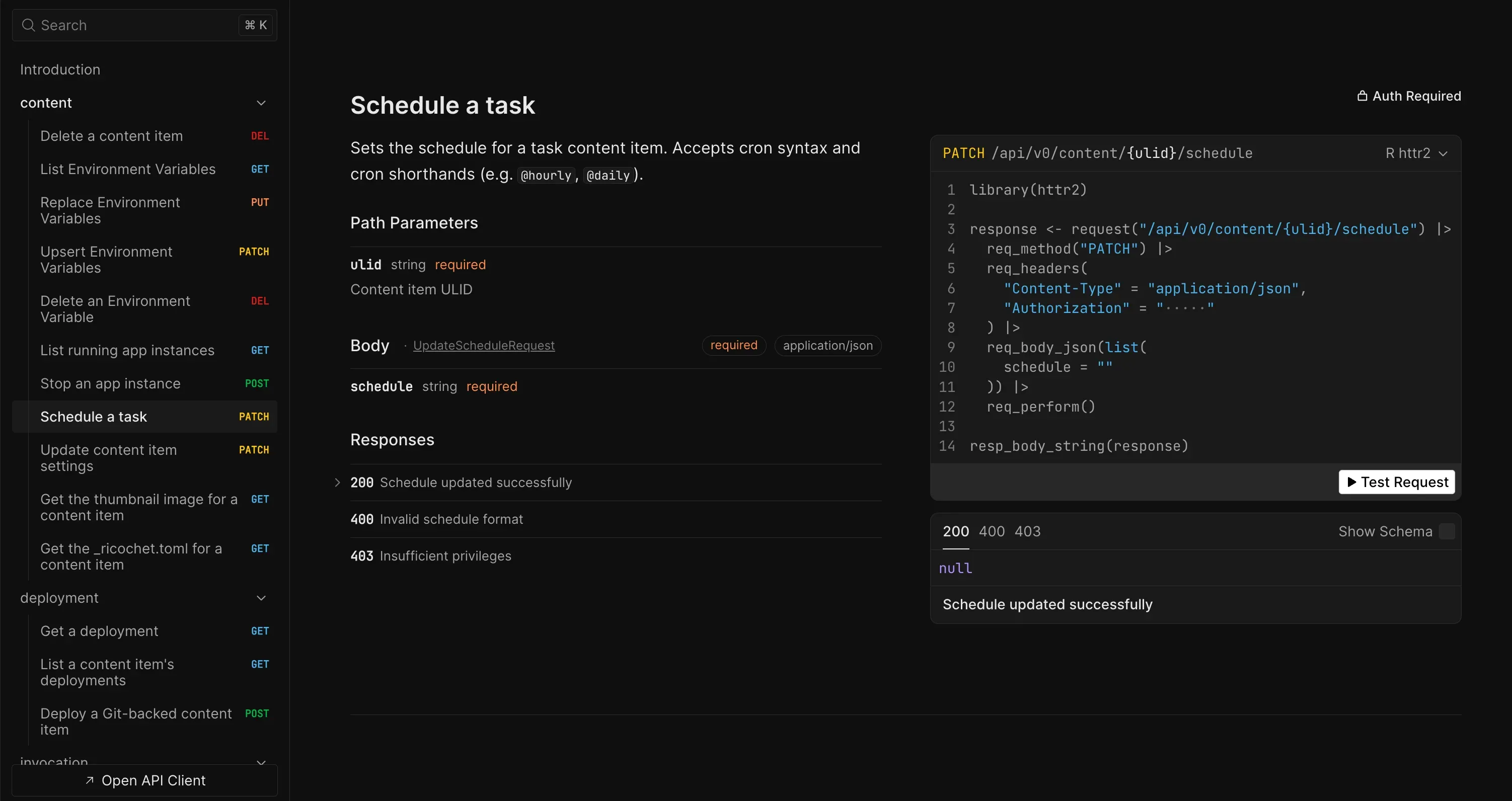 The ricochet REST API reference for the schedule-a-task endpoint, showing its path parameters and responses next to a generated R snippet that calls the endpoint with httr2.