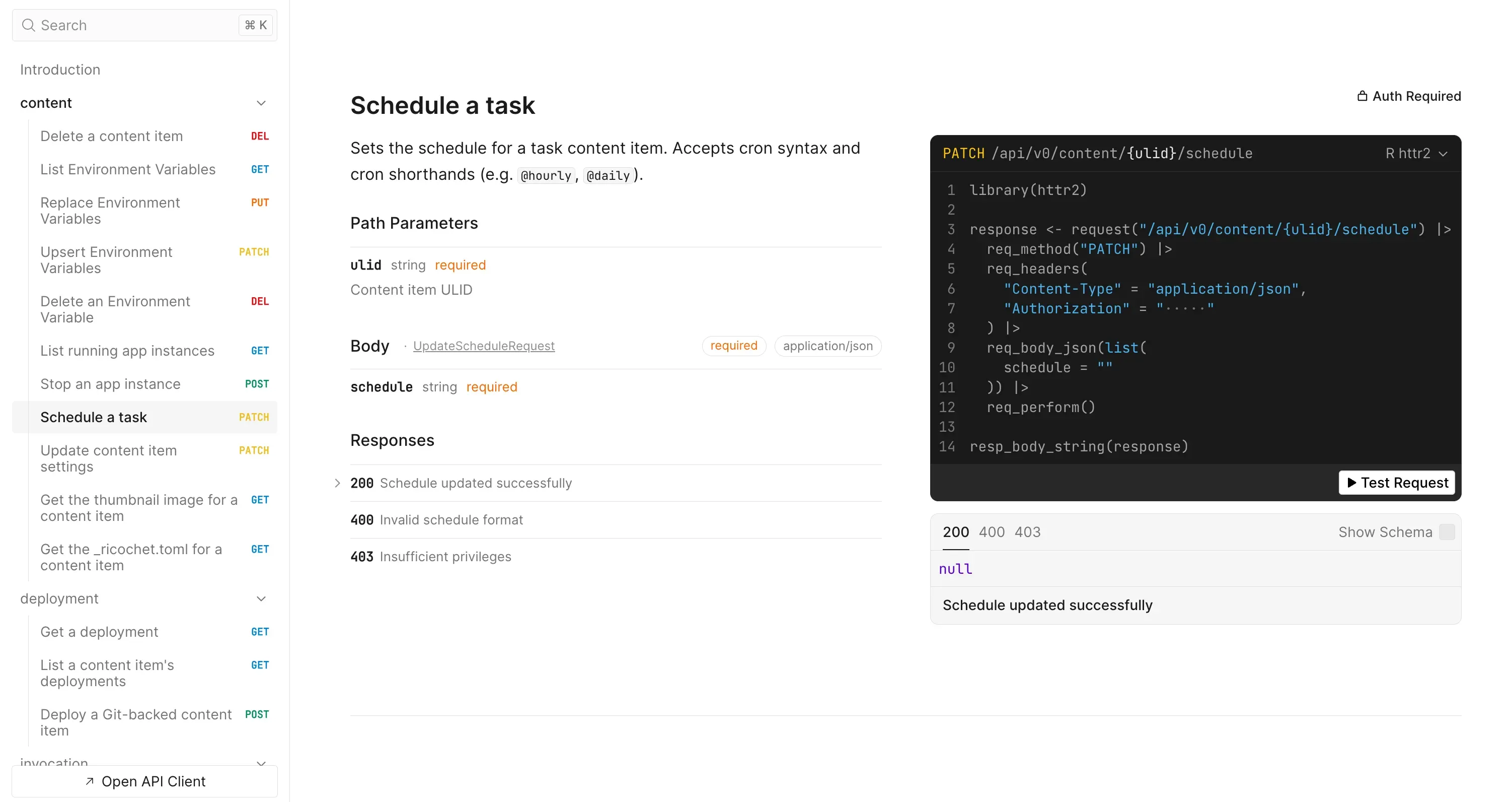 The ricochet REST API reference for the schedule-a-task endpoint, showing its path parameters and responses next to a generated R snippet that calls the endpoint with httr2.