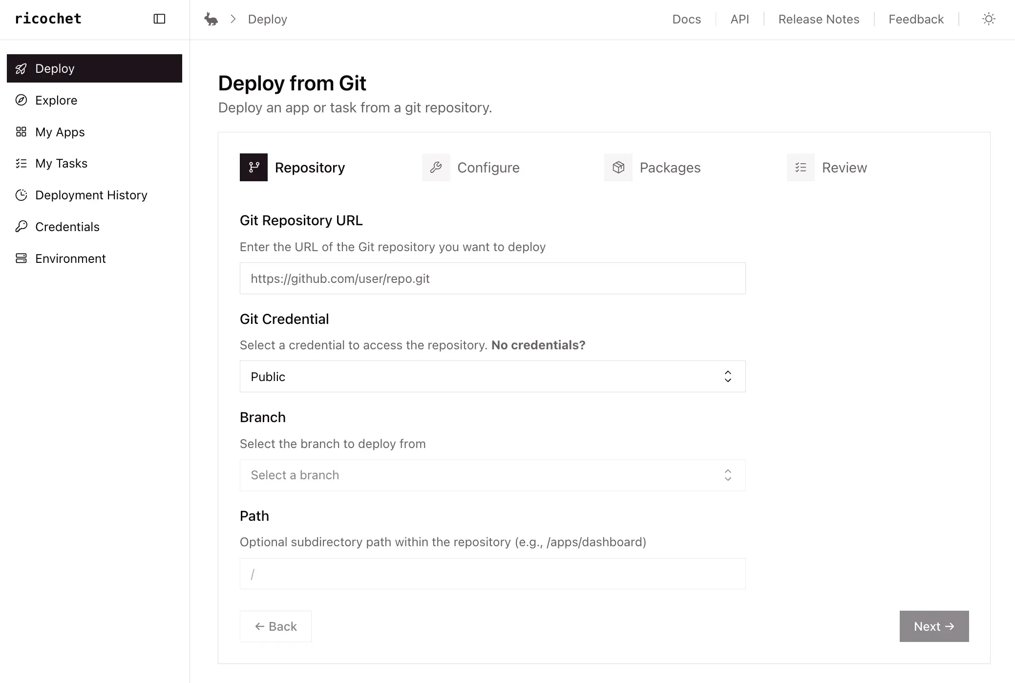 The ricochet deploy-from-Git wizard, showing the repository step with fields for the Git repository URL, credential, branch, and an optional subdirectory path.